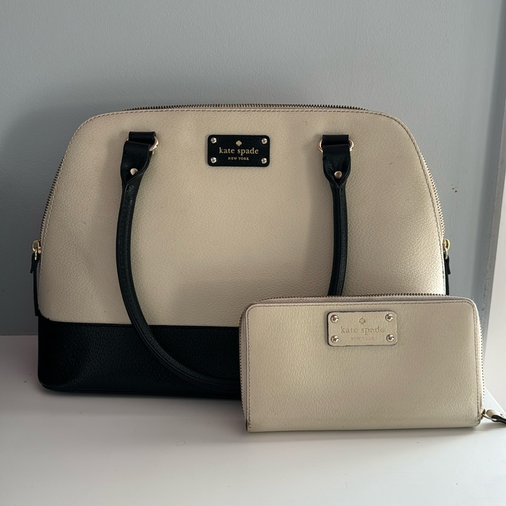 Kate Spade Satchel Porcelain Black Cream White with matching wallet